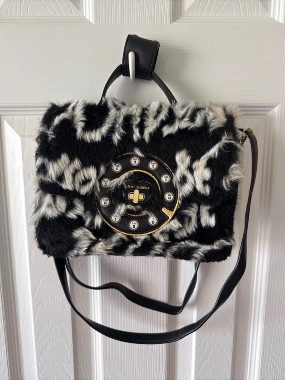 Betsey Johnson Black & White Faux Fur Phone Dial Crossbody